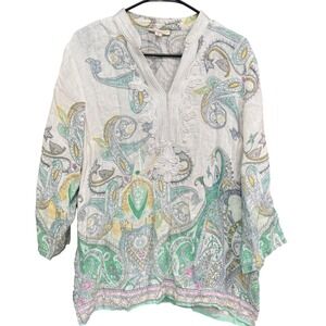 Linen Charter Club Luxury Paisley Embroidered V Neck Top Blouse L